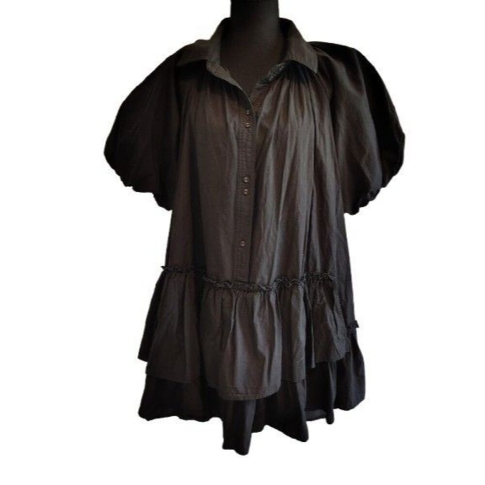 &Merci Black Tiered Ruffled Mini Dress Size Small Puff Sleeve Collared Style